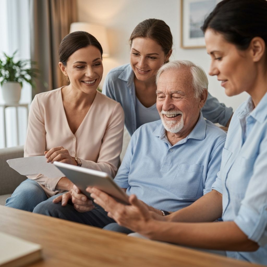 Advisor presenting senior living options on tablet to smiling family